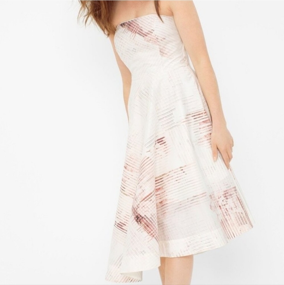 WHBM Strapless Fit & Flare Asymmetrical Hem Tea Length Formal Dress, Ivory, EUC!